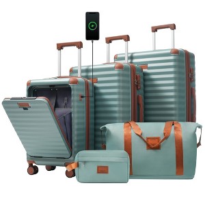 Whisen 5-Piece ABS Luggage Set with 3 Different Size Front Opening Suitcases and 2 Toiletry Bags, USB Port, Cup Holder, TSA Lock - 1 of 4