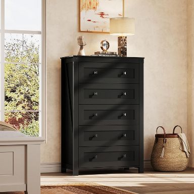 dresser nearby DEXYLLO 5 Drawer Farmhouse Dresser, Tall Wood Storage Organizer for Bedroom, Chest of Drawers with Rustic Handles for Living Room, Hallway, Black Women's Plus Size Cocktail US size:7.5 Style:Mini Dress Fabric dresser and will last for