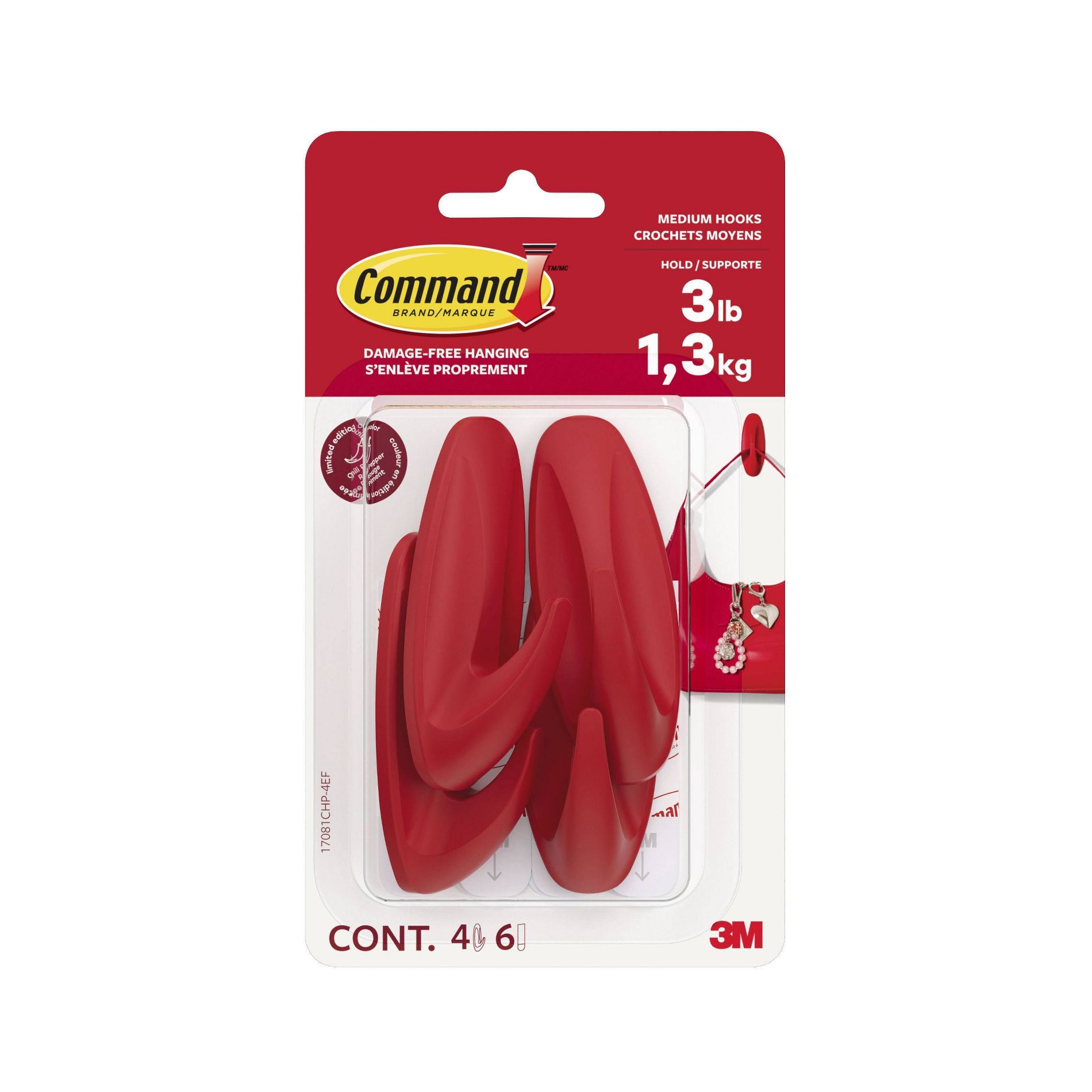 Command 4pk Damage-Free Hanging Medium Designer Hooks with 6 Adhesive Strips Chili Pepper