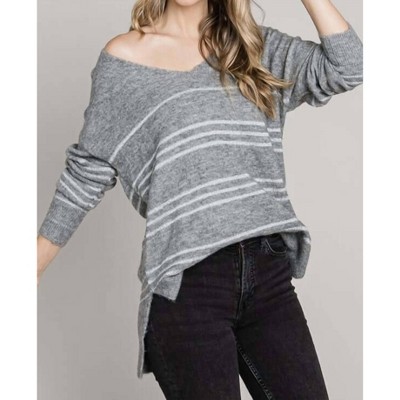 Women's Lurex Striped V-neck Cozy Sweater - ALLIE ROSE