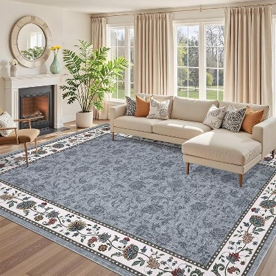 TackView Floral Washable Rug for Living Room Bedroom Vintage Soft Large Floor Carpet for Dining Room Geometric Bordered Floor Cover