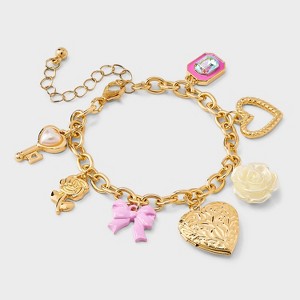 Girls' Bow and Heart Locket Charms Bracelet - art class™ Gold: Lobster Claw Clasp, Iron & Zinc, Chain Style - 1 of 4