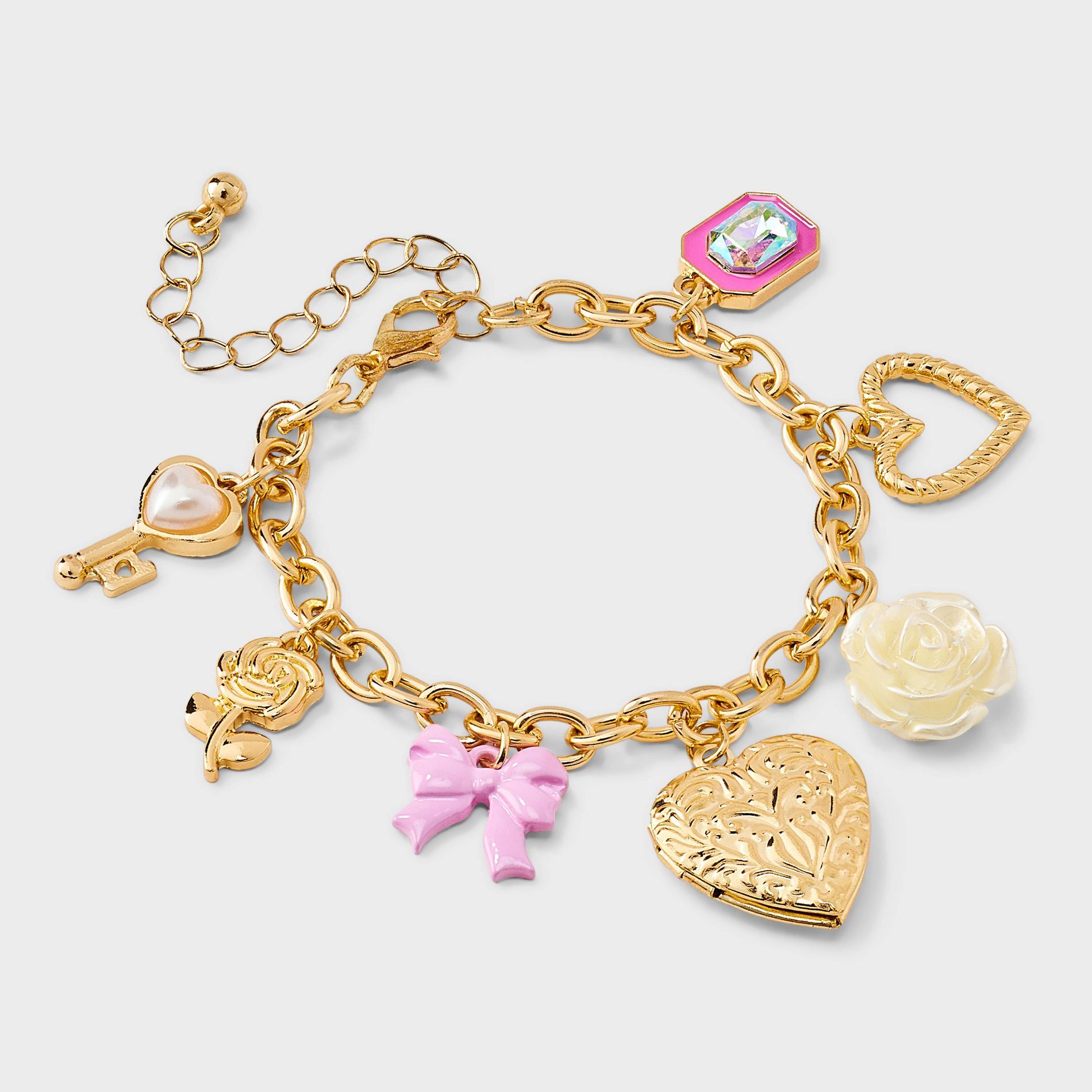 Girls' Bow and Heart Locket Charms Bracelet - art class™ Gold: Lobster Claw Clasp, Iron & Zinc, Chain Style