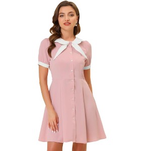 Allegra K Women's Fit and Flare Contrast Color Bowtie Neck Dress - 1 of 4