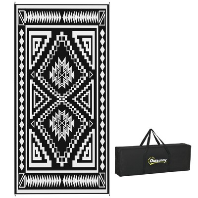 Outsunny Outdoor Patio Rug, Large Camping Carpet with Carrying Bag, 9' x 18' Waterproof Plastic Straw, Reversible, Square Patchwork