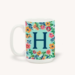 Personalization Mall Flowery Initial Coffee Mug, 15 Oz., Blue Aqua - 1 of 1