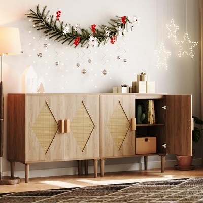 Sideboard Cabinet, Buffet Cabinet with Rattan Doors, Multifunctional Cupboard with Adjustable Interior Shelves for Living Room, Hallway, Kitchen