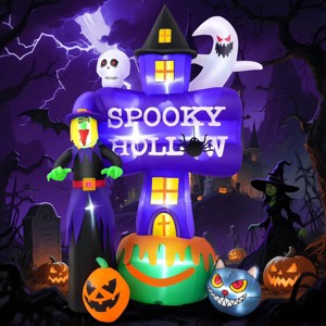 HOMDOX 3.25 × 1.25 × 8 FT Halloween Inflatables with Built-in LED Lights, Spooky Ghost Tombstone with Witch Pumpkin Cat Decorations Outdoor Pumpkin - 1 of 4
