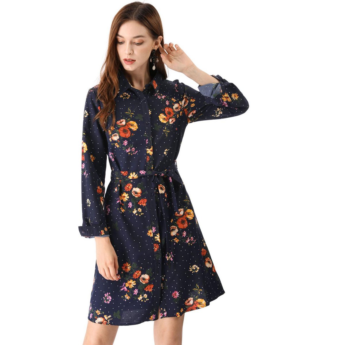 Женские платья INSPIRE CHIC Women's Lapel Button Down Belted Mini Vintage Polka Dots Floral Shirt Dress Small Dark Blue — фото 2