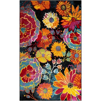 Black Floral Synthetic Rectangular Indoor Area Rug