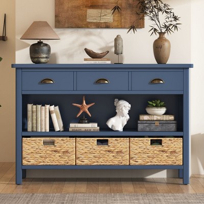 CENGHU Vintage Console Table with Drawers, Entryway Table with Water Hyacinth Woven Baskets, Ideal for Entryway and Living Room, Navy