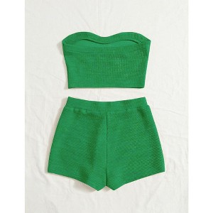 Women's 2 Piece Outfit Ribbed Crop Bandeau Tube Top and Biker Track Shorts Sets - 1 of 4