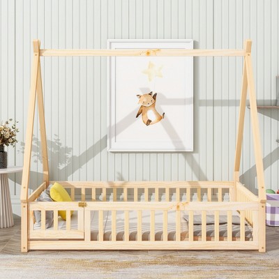 Fontoi Beds, Full Size Bed with Guardrails and Slats, Wood Bed with Fence and Door for Girls and Boys, Brown, 78.2"*71.8"*61.7
