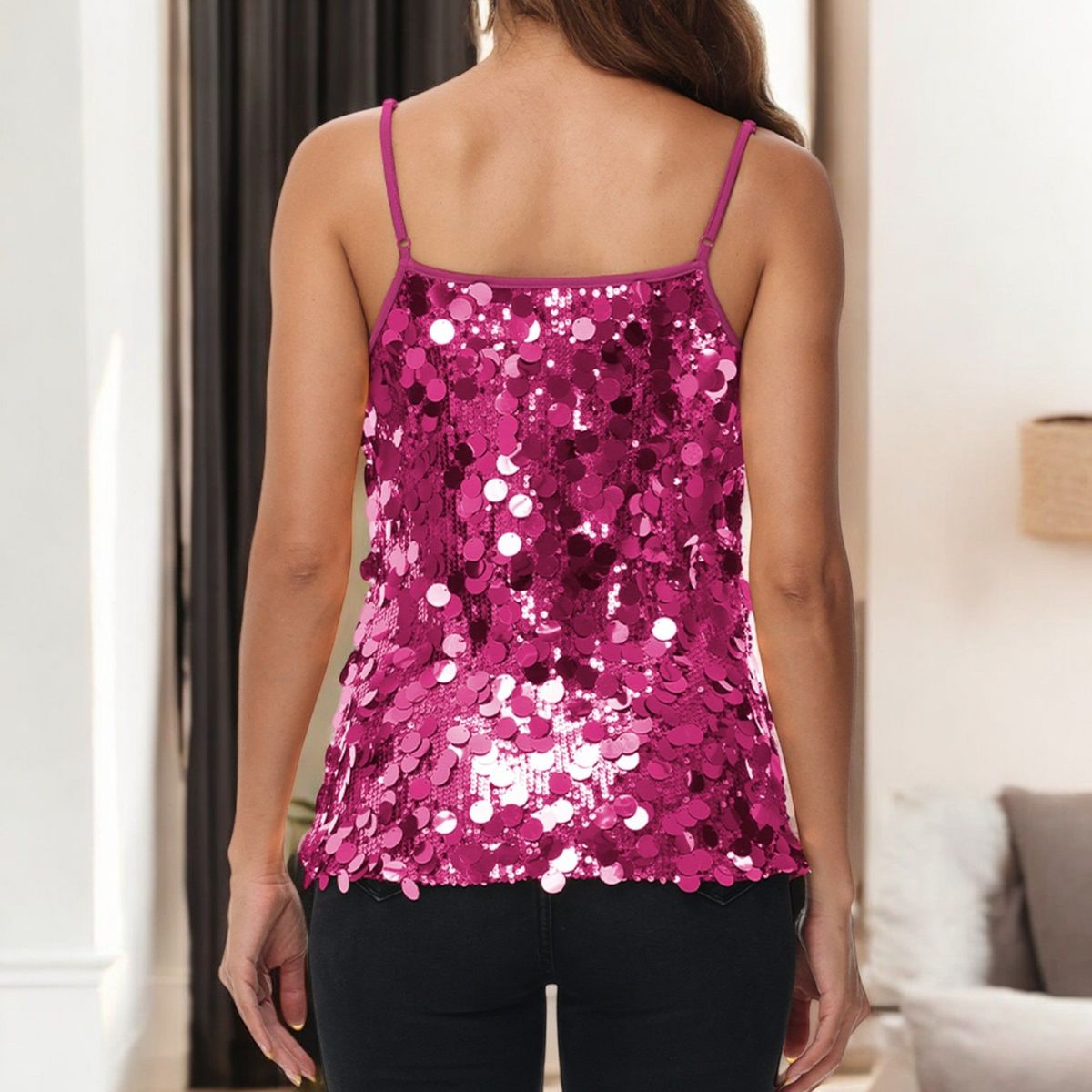 Anna-Kaci Women's Sequin Sleeveless Spaghetti Strap Tank Top with Iridescent Disc Accents - thumbnail 9