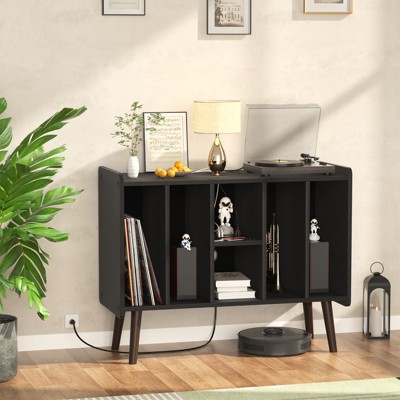 Aheaplus Record Player Stand with Power Outlet and USB Ports, Vinyl Record Storage Table,Vinyl Holder Display Shelf