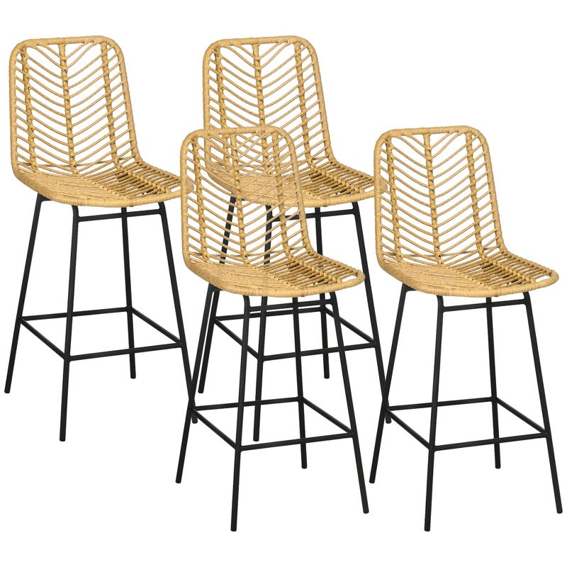 HOMCOM Modern Rattan Bar Stools Set of 4, Breathable Steel-Base Wicker Counter Height Barstools for Kitchen Counter, Yellow, 4 of 7