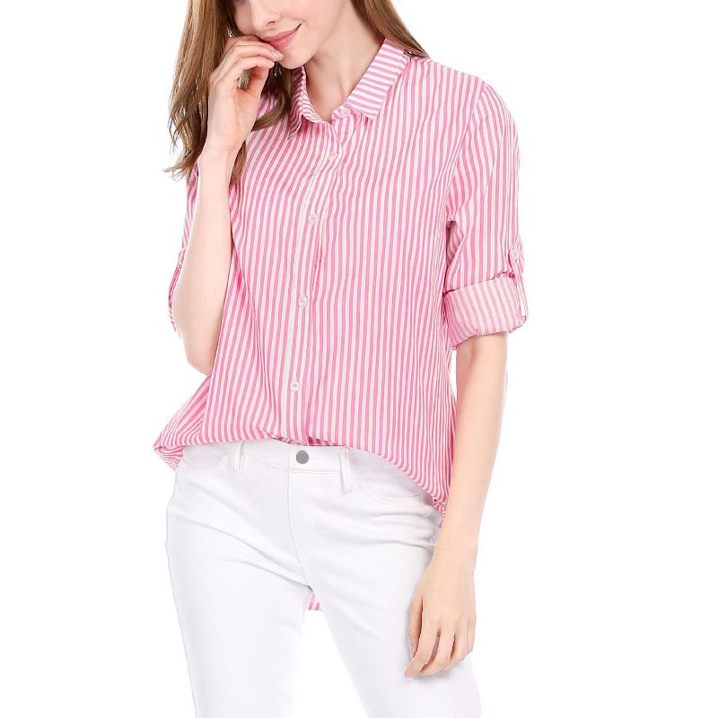 Allegra K Women's Striped Button Down Roll-up Long Sleeves Point Collar Shirt, 2 of 7
