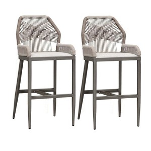 PURPLE LEAF 2 Pieces Bar Stools Patio Modern Rattan Barstools Aluminum Woven Tall Bar Chairs with Cushions for Outdoor Kitchen Island Garden - 1 of 4