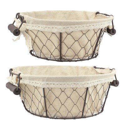 2pk Round Wire Baskets with Fabric Off White - Stonebriar