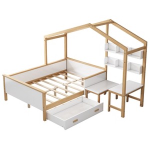VYNXARIA Full Size Wooden House Bed: White & Original Wood Frame, with Drawer, Desk & Bookshelf - Ideal for Kids' & Guest Rooms - 1 of 4