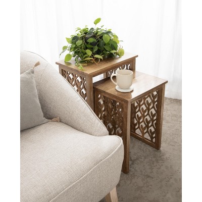 Natural Mango Wood Hand-Carved Nesting Tables, Set of 2