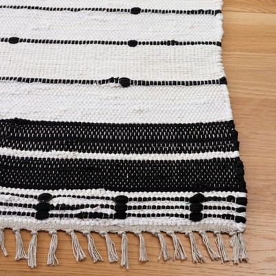 Handmade Black and Ivory Wool Cotton Striped Area Rug 5'x8'
