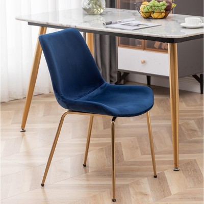 Blue Velvet Upholstered Side Chair with Gold Metal Legs, Set of 2