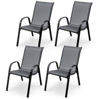 Costway Set of 4 Patio Dining Chairs Stackable Armrest Space Saving Garden Brown/Grey