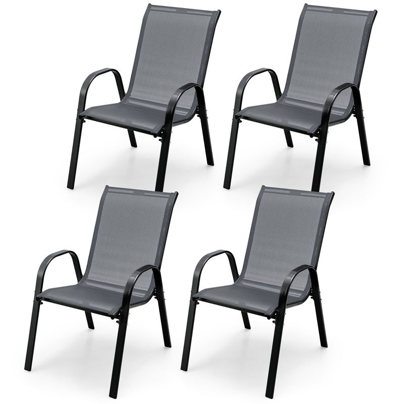 Costway Set of 4 Patio Dining Chairs Stackable Armrest Space Saving Garden Brown/Grey, 1 of 11