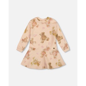 Deux par Deux Girl Glittering French Terry Dress Beige Teddy Bear Print - 1 of 4