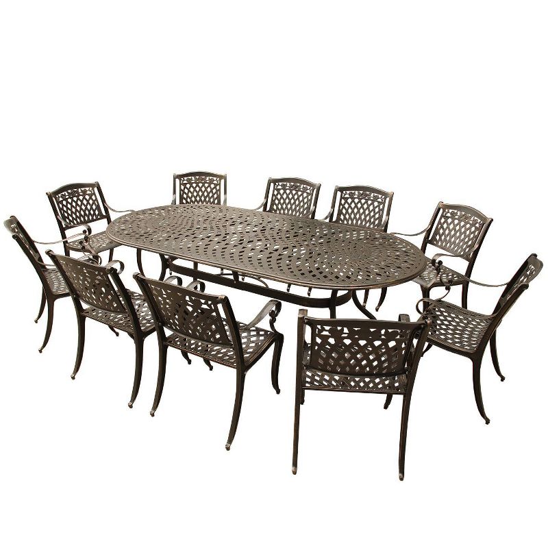 11pc Outdoor Dining Set with Rose Contemporary Modern &#38; Ornate Mesh Lattice Aluminum 95&#34; Oval Table - Bronze - Oakland Living, 1 of 8