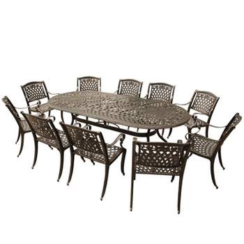 11pc Outdoor Dining Set with Rose Contemporary Modern & Ornate Mesh Lattice Aluminum 95" Oval Table - Bronze - Oakland Living