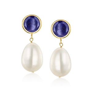 Ross-Simons 9.5-10mm Cultured Pearl and 3.50 ct. t.w. Sapphire Drop Earrings in 14kt Yellow Gold - 1 of 3