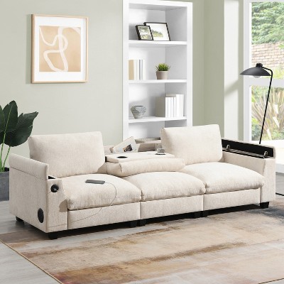 Whisen Modern Chenille Sectional Sofa with Bluetooth Speaker, USB Port, Drop Down Table, Cup Holders and Storage Armrest