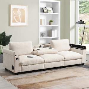 Whisen Modern Chenille Sectional Sofa with Bluetooth Speaker, USB Port, Drop Down Table, Cup Holders and Storage Armrest - 1 of 4