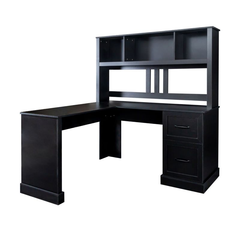 L Shape-Home Office Computer Desk with Hutch, Antiqued Black finish, Writting Desk Workstation with Storage Shelf for Home/Office/-Maison Boucle, 4 of 10