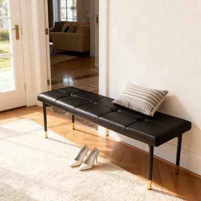 Tiramisubest 52/64 Inch Shoe Bench Entryway Shoe Storage Ottoman Metal Legs Faux PU Upholstered Entryway/ Bedroom/ Living Room