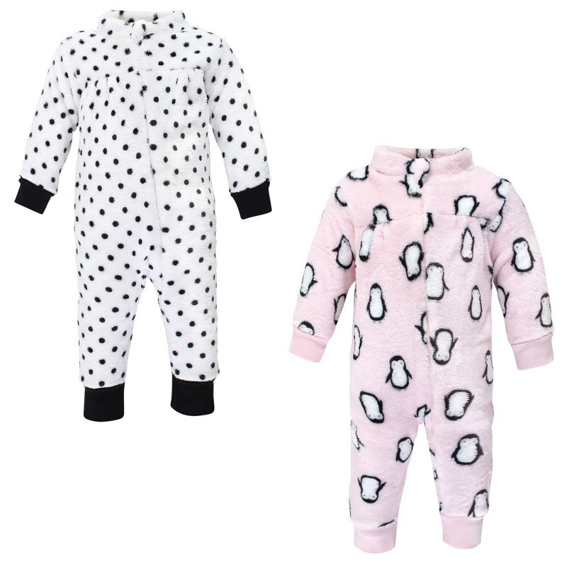 Hudson Baby Infant Girl Plush Jumpsuits, Pink Penguin, 1 of 6