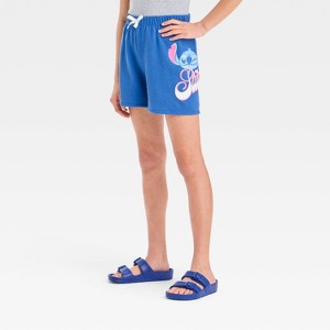 Girls' Disney Stitch Graphic Terry Shorts - Blue - 1 of 4