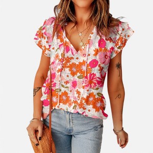 Amaryllis Women's Floral Ruffle Sleeve Blouse V-Neck Tie Detail Lightweight Flowy Fit Effortless Summer Chic Style - 1 of 4