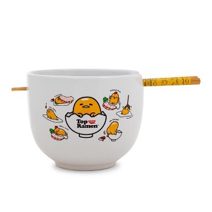 Silver Buffalo Sanrio Gudetama x Nissin Top Ramen Yolk Poses 20-Ounce Ramen Bowl With Chopsticks - 1 of 4