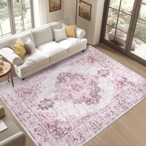 Washable Neutral Area Rug for Living Room Bedroom, Soft Vintage Low Pile Non-Slip Boho Farmhouse Carpet - 1 of 4