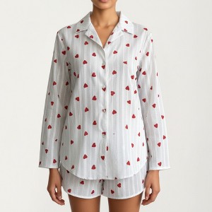 Anna-Kaci Lounge Women's White Long Sleeve Heart Print Tie Front Top and Matching Shorts Loungewear Set - 1 of 4