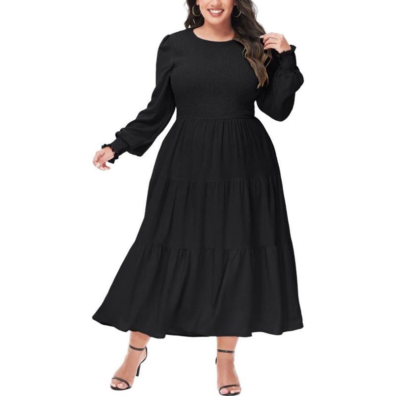 Anna-Kaci Women's Plus Size Casual Long Sleeve Smocked Chest Round Neck Flowy Tiered Maxi Dress, 1 of 6