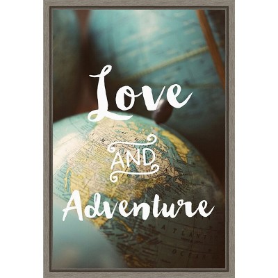Love and Adventure Typography Canvas Wall Art with Distressed Greywash Frame