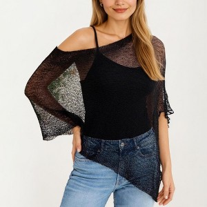 Anna-Kaci Women's Sheer Knit Asymmetrical Pullover Top with One Shoulder Design and Lightweight Texture - One Size Fits Most, Black - 1 of 4