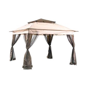 Four Seasons Courtyard 10 by 10 Foot Outdoor Powder Coated Steel Frame Polyester Pop Up Pagoda Gazebo with Mosquito Netting, Brown/Black - 1 of 4