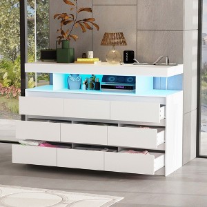 Famapy Horizontal Dresser with Ambient Lighting 9 Drawer Chest of Drawers Modern Style White - 1 of 4