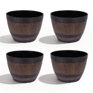 VECELO Planters Set, Plastic Pot with Perforated Tray, Decorative Foliage Plants, Vintage Planters 3-Piece Set, Artificial Wood Planters - 1 of 4
