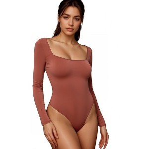 INSPIRE CHIC Women's Long Sleeve Bodysuit Slim Fit Square Neck Tummy Control Brief Leotard - 1 of 4
